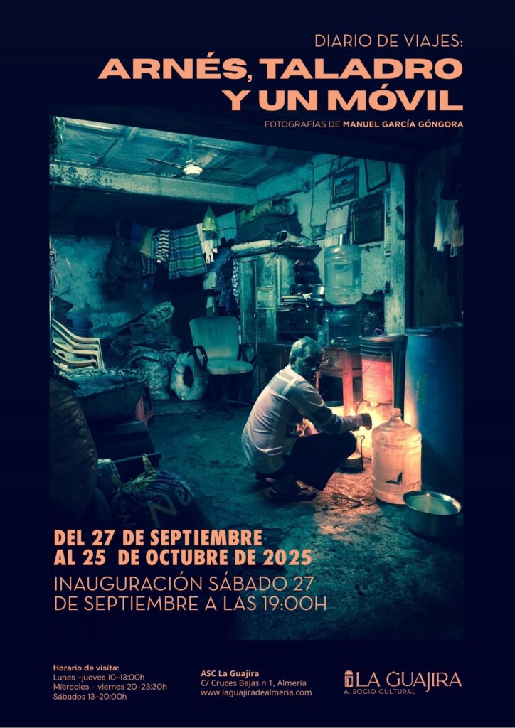 Cartel de la exposición "Diario de viajes: arnés, taladro y un móvil" de Manuel García Góngora